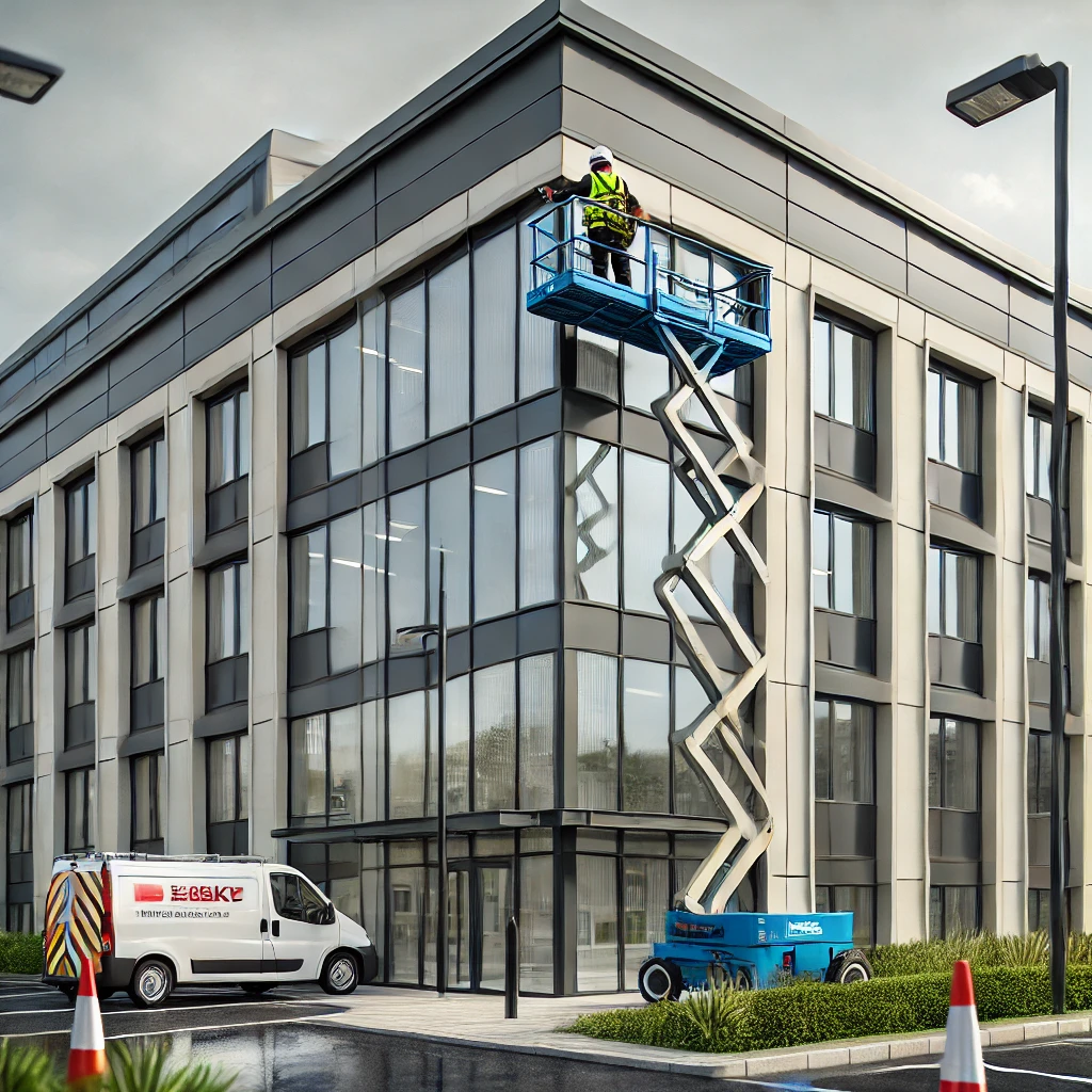 Commercial gutter cleaning service being performed on a modern UK business building with a worker in a high-visibility jacket using a scissor lift.