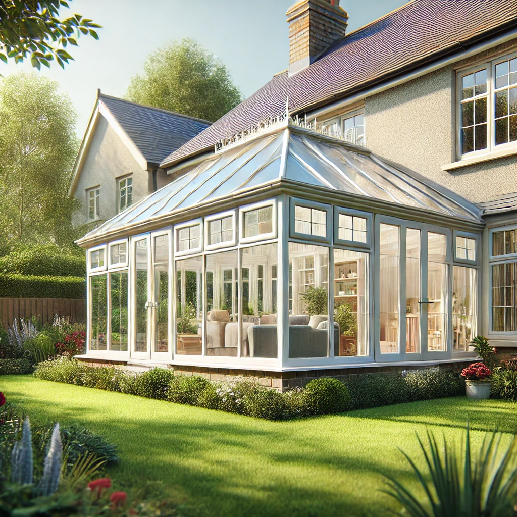 Beautiful conservatory in a UK family home's garden, showcasing professional conservatory cleaning service