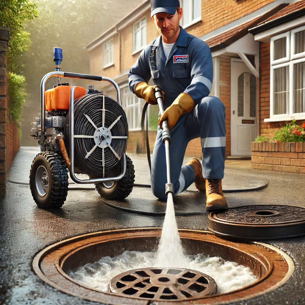 Tradesman using a drain jetting machine to clean a domestic manhole cover in the UK, showcasing drain jetting service