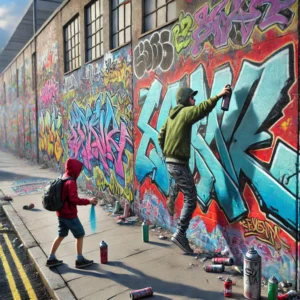 Youth creating graffiti on a wall in the UK, showcasing the need for professional graffiti removal service