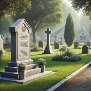 Typical headstone with a memorial in the background in a UK cemetery, showcasing headstone and memorial cleaning service