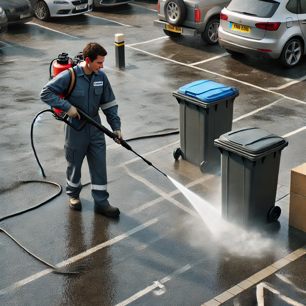 Man in service uniform jet washing an industrial bin area in a UK car park, showcasing professional jet washing service