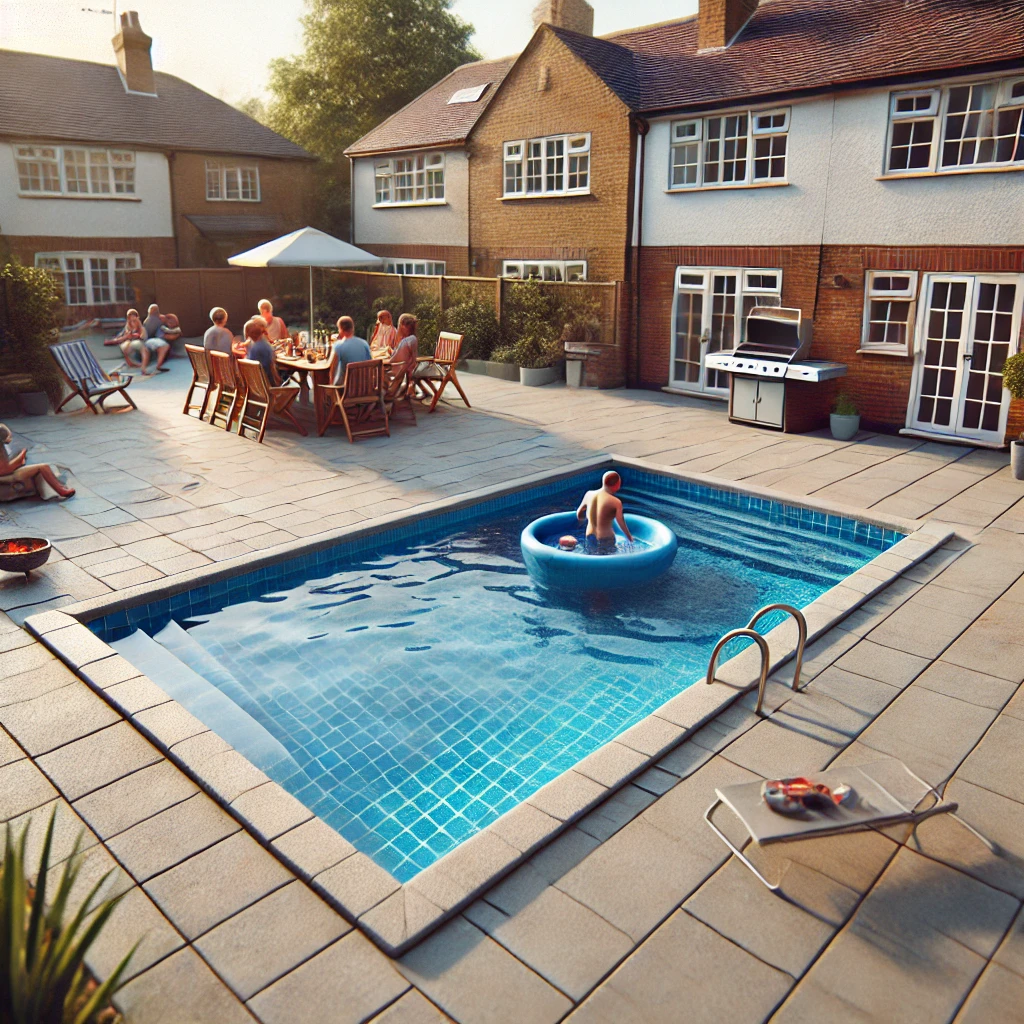 Swimming pool in a UK garden with clean slabs and a family enjoying a barbecue, showcasing swimming pool surround cleaning service