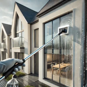 Professional window cleaner using a water fed pole on a modern new build house, showcasing window cleaning service