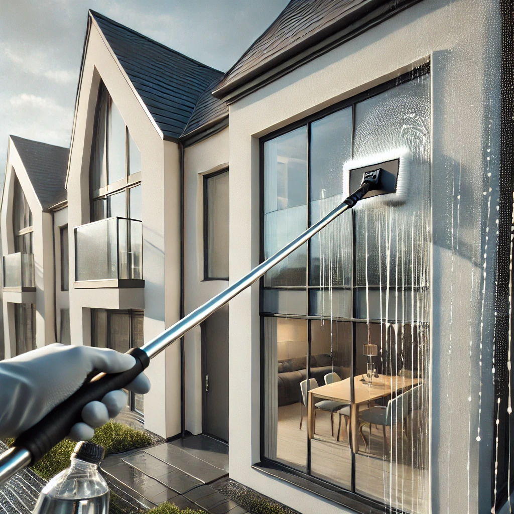 Professional window cleaner using a water fed pole on a modern new build house, showcasing window cleaning service